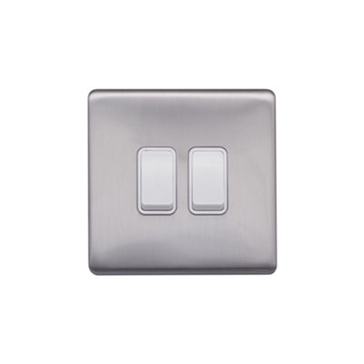 Lieber Brushed Chrome 10A 2 Gang 2 Way Switch - White Insert Screwless