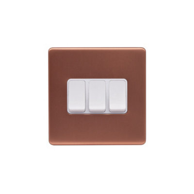 Lieber Brushed Copper 10A 3 Gang 2 Way Switch - White Insert Screwless