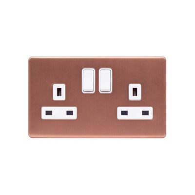 Lieber Brushed Copper 13A 2 Gang Switched Socket, Double Pole - White ...