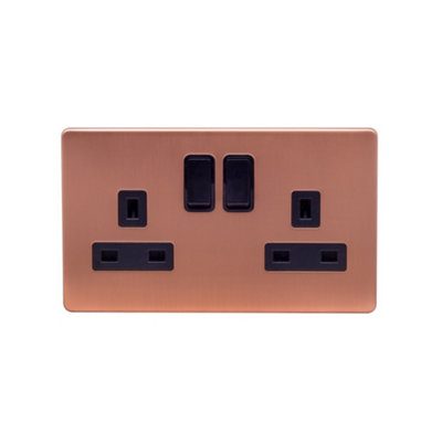 Lieber Brushed Copper 2 Gang Socket 13A Double Pole Black Insert