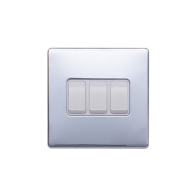 Lieber Polished Chrome 10A 3 Gang 2 Way Switch - White Insert Screwless