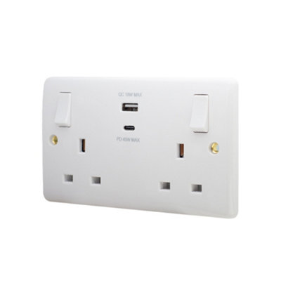Lieber Silk White 13A 2 Gang Super-Fast Charge 45W USB A+C Socket