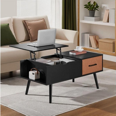Lift Top Coffee Table w Hidden Compartment, Fabric Drawer 2 Shelves