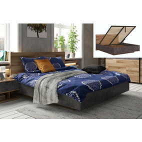 Lift-Up Bedframe King Size Euro 160cm Storage Bed Oak Concrete Grey Effect Arica
