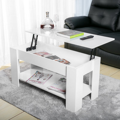 Lift up Top Coffee Table with storage and shelf living room White