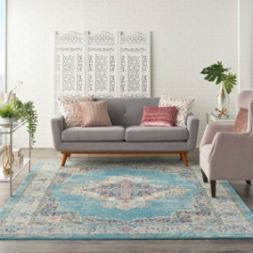 Light Blue Floral Luxurious Traditional Persian Dining Room Rug-114cm X 175cm