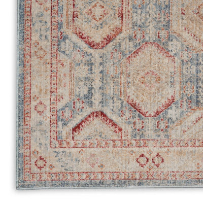 Light Blue Multicoloured Traditional Bordered Geometric Rug for Bedroom ...