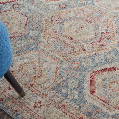 Light Blue Multicoloured Traditional Bordered Geometric Rug for Bedroom & Living Room-239cm X 310cm