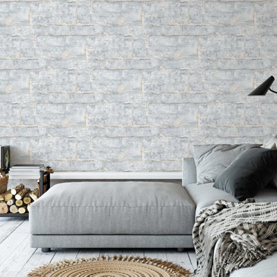 Light Blue Wallpaper Textured 3D Realistic Stone Wall Glitter Effect ...