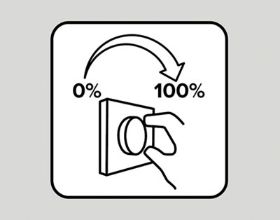 Illustration of a dimmer switch. Circular switch is being turned by hand. Arrow points from 0% to 100% to indicate light brightness.