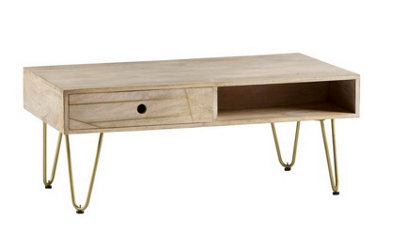 Light Gold Rectangular Coffee Table with Drawer - Solid Mango Wood - L60 x W110 x H45 cm