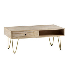 Light Gold Rectangular Coffee Table with Drawer - Solid Mango Wood - L60 x W110 x H45 cm