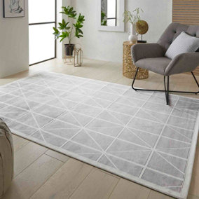 Light Grey Easy to Clean Modern Chequered Geometric Dining Room Bedroom and Living Room Rug -120cm X 180cm