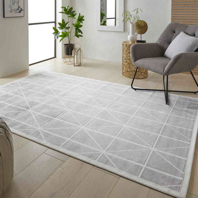 Light Grey Easy to Clean Modern Chequered Geometric Dining Room Bedroom and Living Room Rug -240cm X 300cm