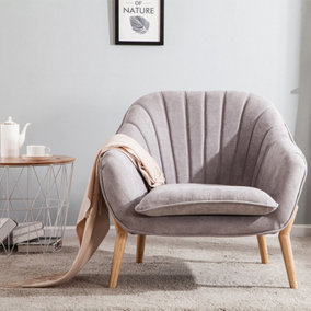 Light Grey Faux Wool Upholstered Scallop Back Armchair with Wooden Legs