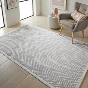 Light Grey Ivory Modern Chequered Geometric Easy to Clean Dining Room Bedroom and Living Room Rug-120cm X 180cm