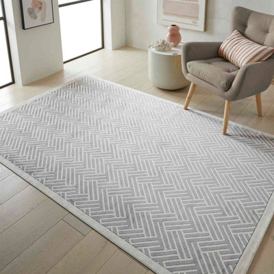 Light Grey Ivory Modern Chequered Geometric Easy to Clean Dining Room ...