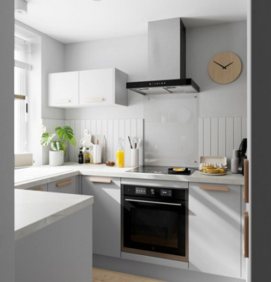 Light grey kitchen with a statement splashback made with extra-long vertical white tiles.