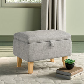 Light Grey Linen Upholstered Storage Ottoman Footstool with Rubberwood Leg W 490 x D 330 x H 340 mm