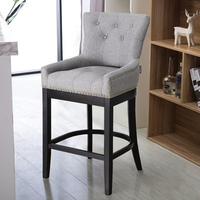 Light Grey Linen Upholstered Tufted Bar Stool Chair with Footrest