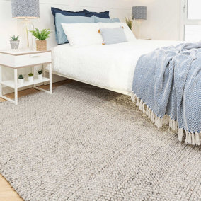 Light Grey Luxurious Wool Textured Pebble Living Area Rug 120x170cm