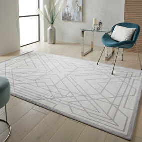 Light Grey Modern Chequered Geometric Easy to Clean Modern Bedroom Dining Room and Living Room Rug-240cm X 300cm