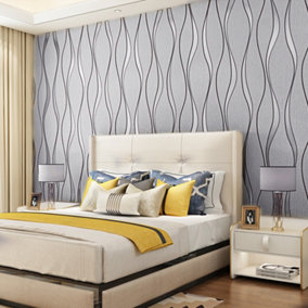 Light Grey No Woven Patterned Wallpaper Wavy Striped Wallpaper Roll 5m²