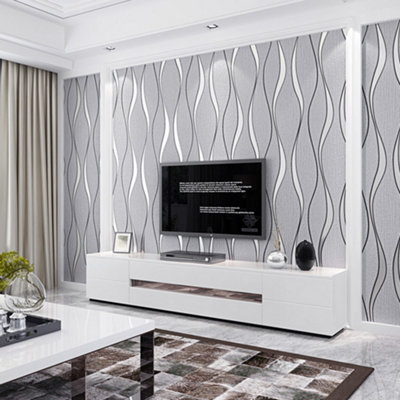 Light Grey No Woven Wallpaper 3D Wave Stripe Texture Geometric Patterned Wallpaper Roll  Glitter Effect Wall Paper