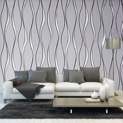 Light Grey Non Woven Patterned Wallpaper, Wavy Striped Wallpaper Roll 5m² Coverage, 950cm L x 53cm W