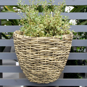 Light Grey Rattan Balcony Outdoor Hanging Planter - Size Large - Ready For Planting Up - Over Fence Planter