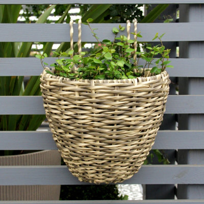 Light Grey Rattan Balcony Outdoor Hanging Planter - Size Small - Ready For Planting Up - Over Fence Planter