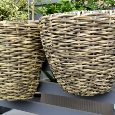 Light Grey Rattan Balcony Outdoor Hanging Planter - Size Small - Ready For Planting Up - Over Fence Planter