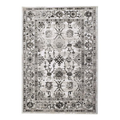 Light Grey Traditional Rug, Bordered Rug with 20mm Thickness, Floral Rug for Bedroom, & Living Room-80cm X 150cm