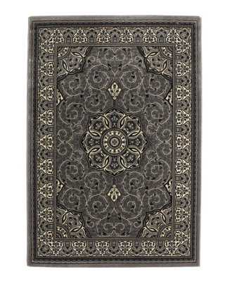 Light Grey Traditional Rug, Stain-Resistant Rug, Bordered Floral Rug for Bedroom, LivingRoom & DiningRoom-80cm X 140cm