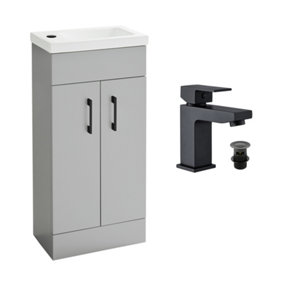 Light Matt Grey 400 Vanity Basin Sink Unit & Black Form Basin Tap
