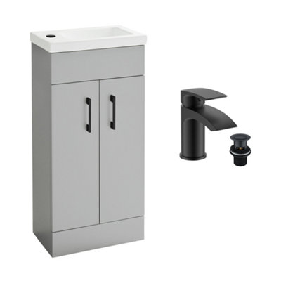 Light Matt Grey 400 Vanity Basin Sink Unit & Black Sleek Waterfall Basin Tap