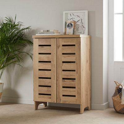 Slim oak store shoe cabinet