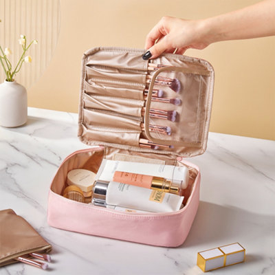 Light Pink Large Portable Travel Makeup Bag Organizer with Compartments