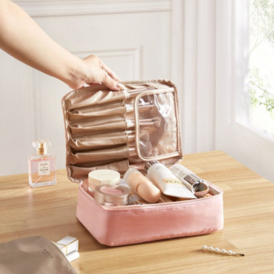 Light Pink Large Portable Travel Makeup Bag Organizer with Compartments