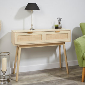 Light Rattan 2 Drawer Living Hallway Console Table with Pine Legs