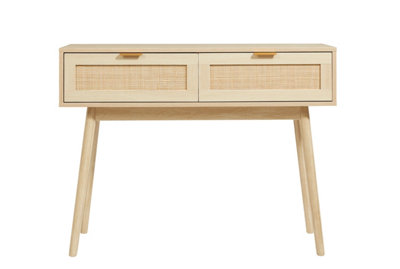 Light Rattan 2 Drawer Living Hallway Console Table with Pine Legs 