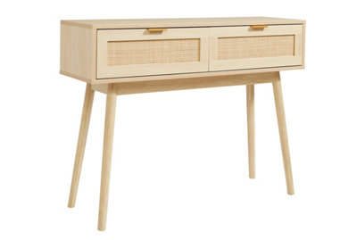 Light Rattan 2 Drawer Living Hallway Console Table with Pine Legs 