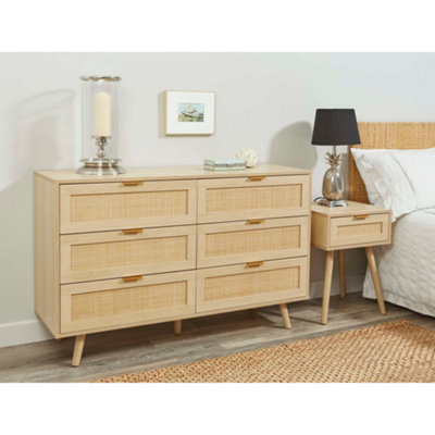Light Rattan 6 Drawer Chest of Drawers with Pine Legs