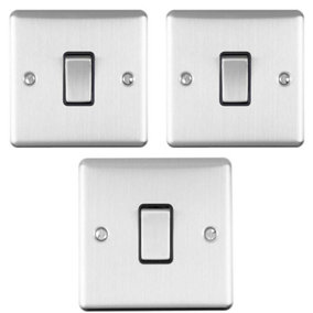 Light Switch Pack - 1x Intermediate & 2x Single - SATIN STEEL / Black 2 Way 10A
