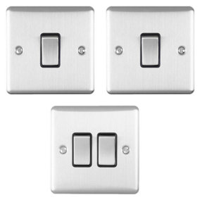 Light Switch Pack - 2x Single & 1x Double Gang - SATIN STEEL / Black 2 Way 10A