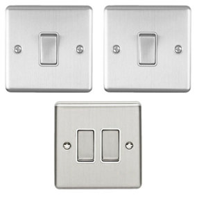 Light Switch Pack - 2x Single & 1x Double Gang - SATIN STEEL / Grey 2 Way 10A