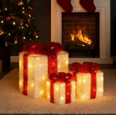 Light Up Christmas Gift Present Boxes Under Tree Decorations Set of