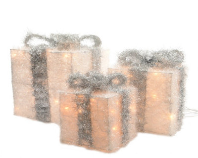 Light Up Christmas Gift Present Boxes - Under Tree Decorations - Silver & White