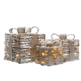 Light Up Christmas Gift Present Boxes - Under Tree Decorations - Snowy Wicker