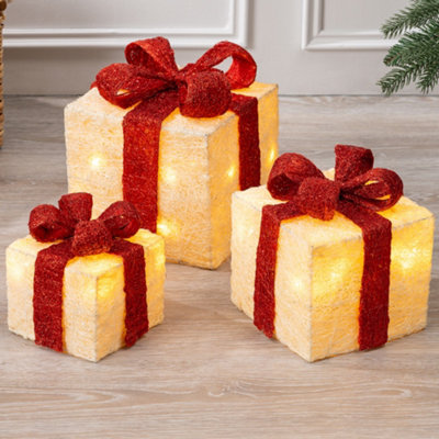 Light Up Christmas Parcels LED Presents Battery Operated with Timer Set of 3 (Cream & Red)